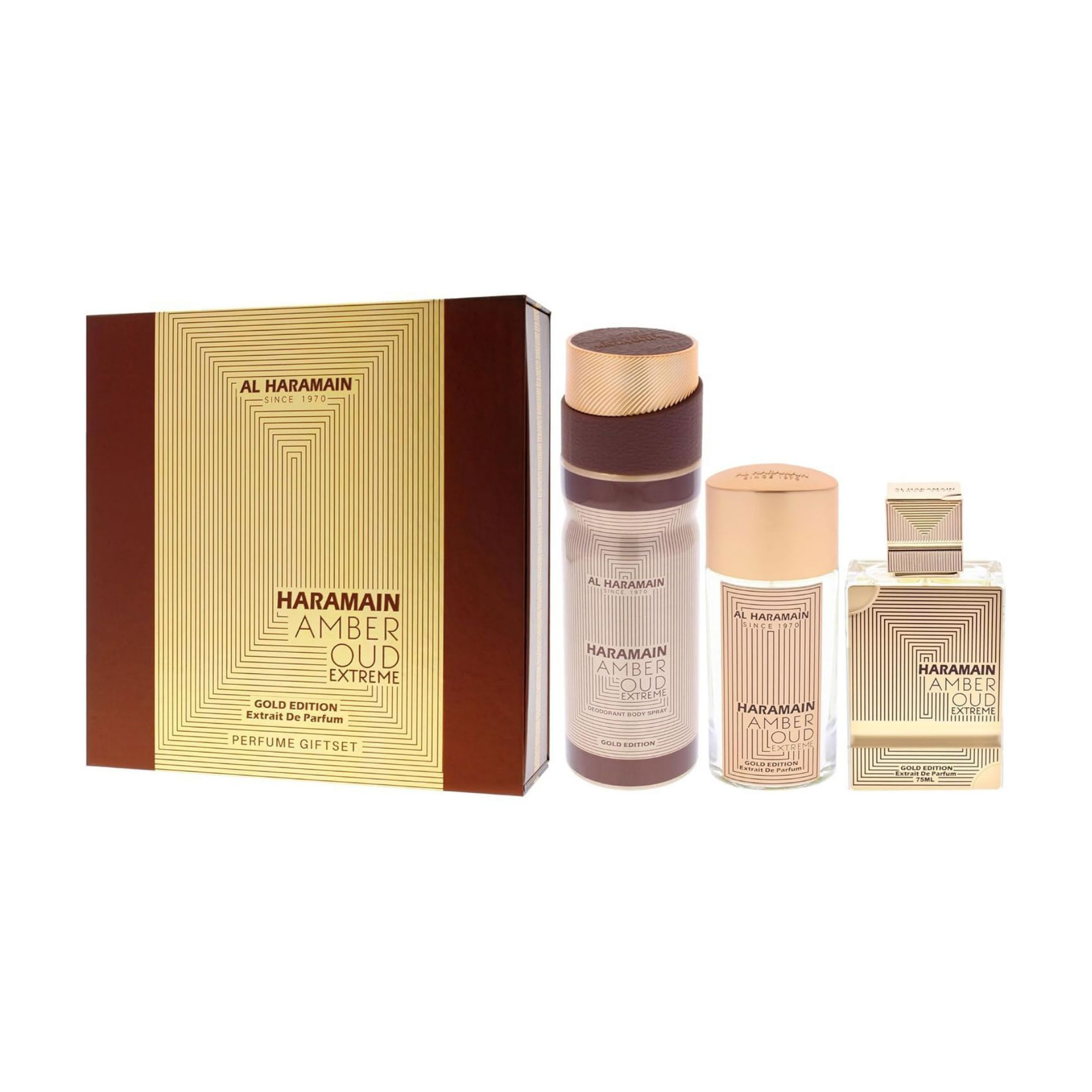 Парфумований набір унісекс Al Haramain Amber Oud Gold Edition Extreme Pure Perfume (парфуми, 75 мл + парфуми, 30 мл + дезодорант, 200 мл)
